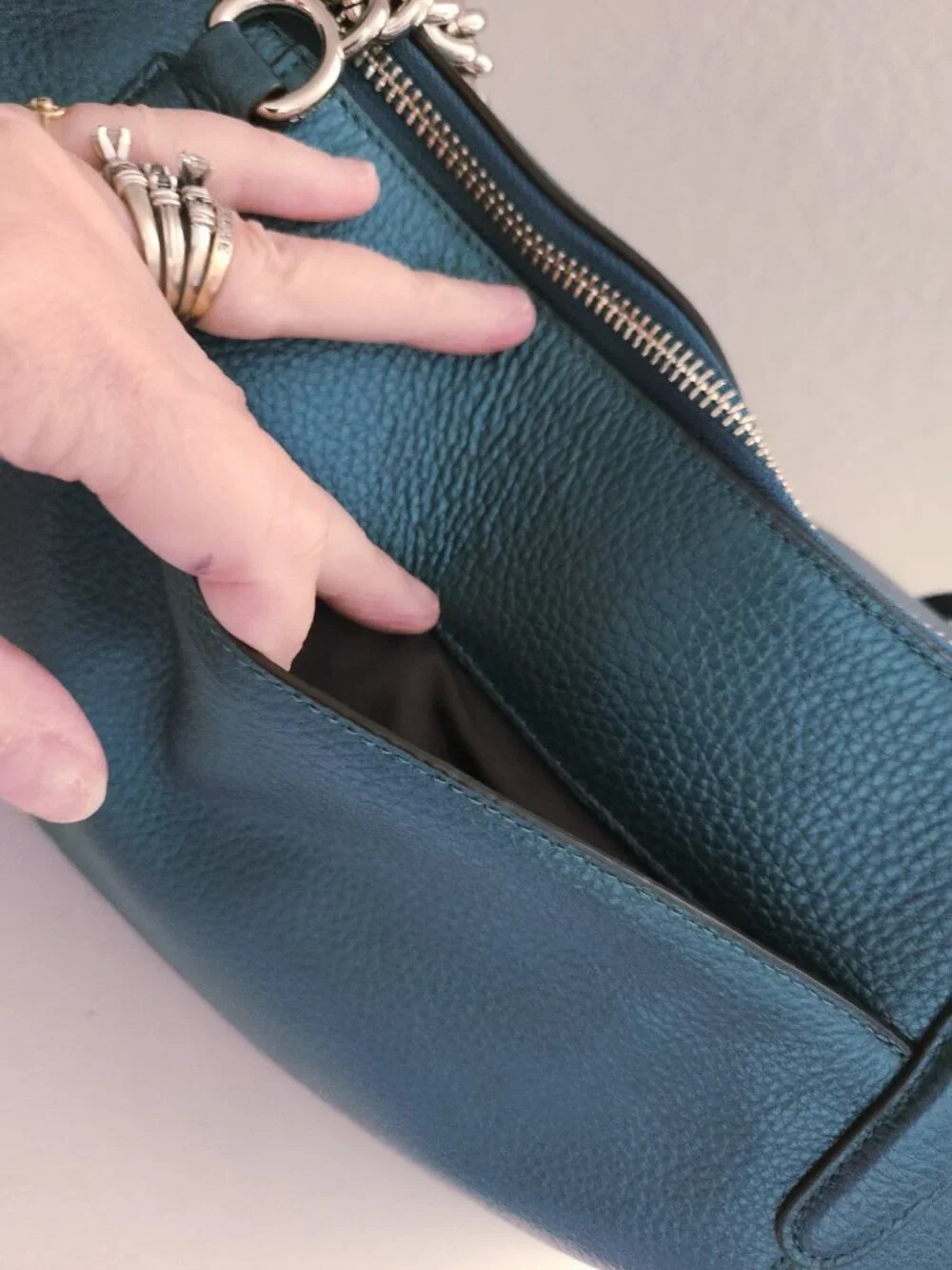 Like New Coach Ava Metallic Teal Leather Shoulder Bag Tote Purse